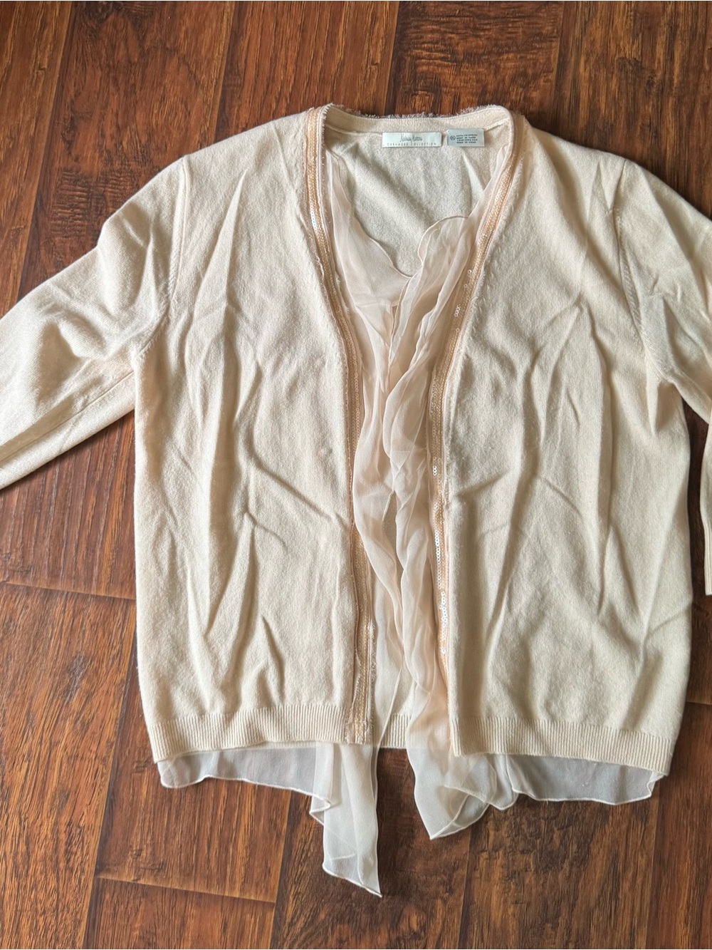 Neiman Marcus Cream Silk and Cashmere Ruffle-Trim Cardigan with Sequins